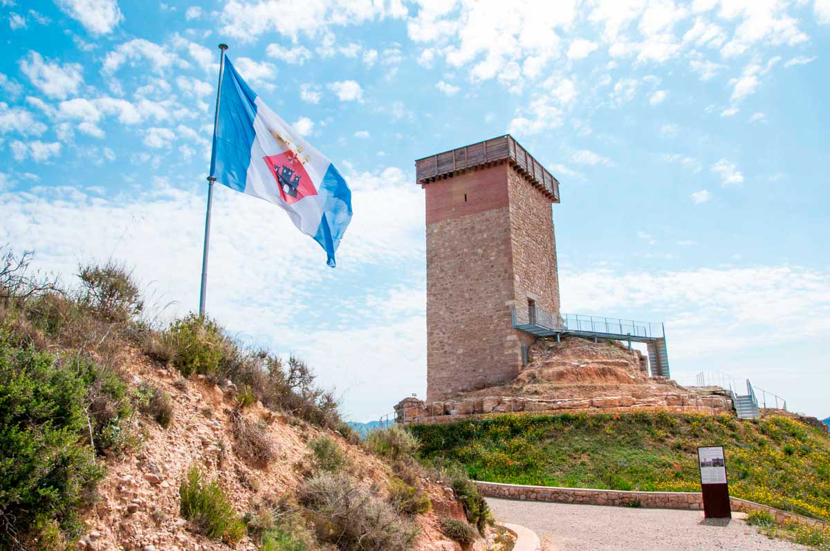 Fotografia del Castell d'Ascó amb la bandera d'Ascó