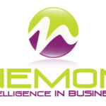 Logotip Nemon, Intelligence is Business de color verd i lila.