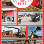 Cartell de color vermell on hi ha una composició de diferents fotografies on es veuen màquines i el logotip dintre d'un cercle de color blanc i a la part de sota el telèfon de l'empresa i l'adreça.