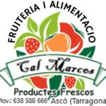 Logotip a color de Cal Marcos, on hi ha escrit: Fruiteria i Alimentació, Cal Marcos, Productes Frescos. Mov.: 638 588 666, Ascó (Tarragona).